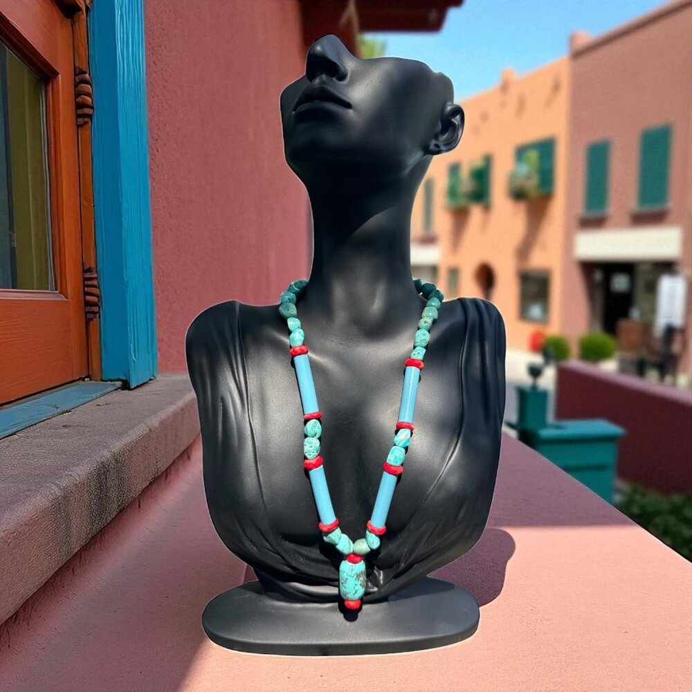Vintage Native American Turquoise & Coral Beaded Necklace W Center Stone Pendant - Picture 4 of 8